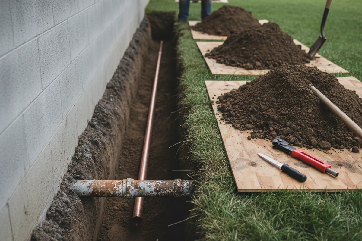 Excavated water line trench during Water Softener Installation in Clearlake Oaks